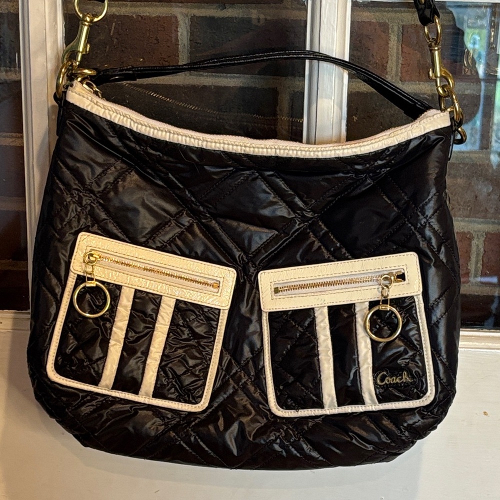 Coach Poppy “Sky Bunny “ Black Quilted Shoulder Bag with Cream Trim
